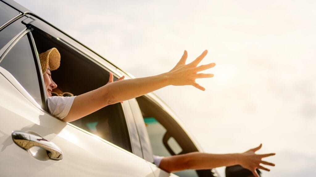 Family travel on beach, Family with car road trip at sea on summer
